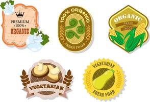 Different retro vegetables banner and labels. Packaging tags with corn, fennel, shiitake, Fiddleheads, zucchini. Set of seasonal vegetables labels stickers and marks or badges template for packaging vector