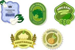 Different retro vegetables banner and labels. Packaging tags with bok choy, cucumber, broccoli, patissons, onion. Set of seasonal vegetables labels stickers and marks or badges template for packaging vector