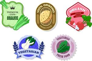 Different retro vegetables banner and labels. Packaging tags with radish, Bok choy, sorrel, almond, celery. Set of seasonal vegetables labels stickers and marks or badges template for packaging vector