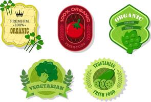 Different retro vegetables banner and labels. Packaging tags with watercress salad, tomato, artichoke, cucumber, broccoli. Set of seasonal vegetables labels stickers and marks template for packaging vector