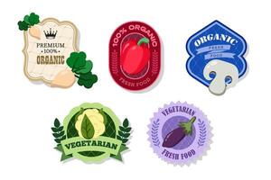 Different retro vegetables banner and labels. Packaging tags with turnip, eggplant, cauliflower, pepper, champignons. Set of seasonal vegetables labels stickers and marks template for packaging vector