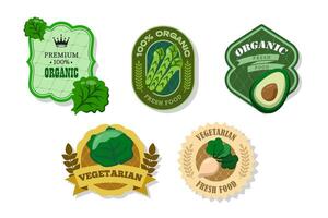 Different retro vegetables banner and labels. Packaging tags with lettuce leaves, avocado, asparagus, cabbage, turnip. Set of seasonal vegetables labels stickers and marks template for packaging vector