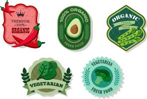 Different retro vegetables banner and labels. Packaging tags with spinach, broccoli, chili pepper, avocado, asparagus. Set of seasonal vegetables labels stickers and marks template for packaging vector