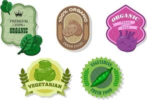 Different retro vegetables banner and labels. Packaging tags with spinach, brussels sprouts, potato, peas, Kohlrabi. Set of seasonal vegetables labels stickers and marks template for packaging vector