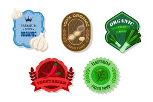 Different retro vegetables banner and labels. Packaging tags with leek, garlic, chili pepper, soybeans, lettuce. Set of seasonal vegetables labels stickers and marks or badges template for packaging vector
