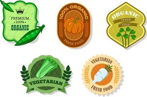 Different retro vegetables banner and labels. Packaging tags with watercress salad, celery, pumpkin, peas, daikon. Set of seasonal vegetables labels stickers and marks or badges template for packaging vector