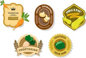 Different retro vegetables banner and labels. Packaging tags with carrot, shiitake, zucchini, turnip, cabbage. Set of seasonal vegetables labels stickers and marks or badges template for packaging vector