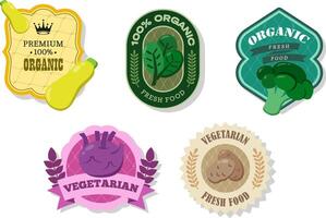 Different retro vegetables banner and labels. Packaging tags with zucchini, spinach, potato, broccoli, Kohlrabi. Set of seasonal vegetables labels stickers and marks or badges template for packaging vector