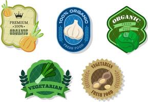 Different retro vegetables banner and labels. Packaging tags with iceberg lettuce, onion, leek, garlic, soybeans. Set of seasonal vegetables labels stickers and marks or badges template for packaging vector