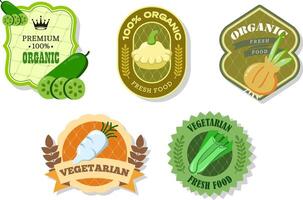Different retro vegetables banner and labels. Packaging tags with celery, Daikon, cucumber, patissons, onion. Set of seasonal vegetables labels stickers and marks or badges template for packaging vector