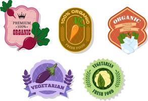 Different retro vegetables banner and labels. Packaging tags with beetroot, eggplant, cauliflower, carrot, fennel. Set of seasonal vegetables labels stickers and marks or badges template for packaging vector