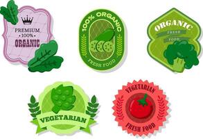 Different retro vegetables banner and labels. Packaging tags with tomato, artichoke, sorrel, cucumber, broccoli. Set of seasonal vegetables labels stickers and marks or badges template for packaging vector