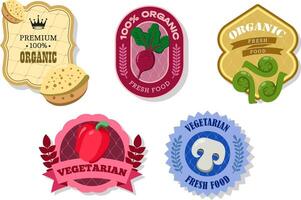 Different retro vegetables banner and labels. Packaging tags with beetroot, pepper, champignons, almond, Fiddleheads. Set of seasonal vegetables labels stickers and marks template for packaging vector