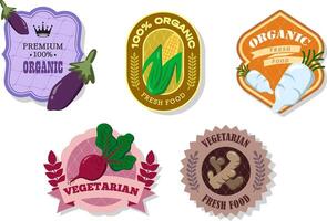Different retro vegetables banner and labels. Packaging tags with eggplant, beetroot, corn, Daikon, ginger. Set of seasonal vegetables labels stickers and marks or badges template for packaging vector