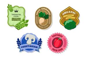 Different retro vegetables banner and labels. Packaging tags with asparagus, cabbage, champignons, turnip, pepper. Set of seasonal vegetables labels stickers and marks or badges template for packaging vector