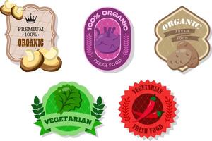 Different retro vegetables banner and labels. Packaging tags with shiitake, potato, chili pepper, lettuce, Kohlrabi. Set of seasonal vegetables labels stickers and marks template for packaging vector