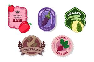 Different retro vegetables banner and labels. Packaging tags with cauliflower, eggplant, beetroot, ginger, pepper. Set of seasonal vegetables labels stickers and marks or badges template for packaging vector