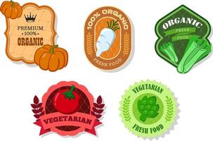 Different retro vegetables banner and labels. Packaging tags with pumpkin, celery, daikon, tomato, artichoke. Set of seasonal vegetables labels stickers and marks or badges template for packaging vector