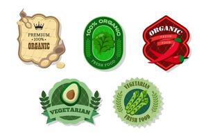Different retro vegetables banner and labels. Packaging tags with chili pepper, soybeans, lettuce, avocado, asparagus. Set of seasonal vegetables labels stickers and marks template for packaging vector
