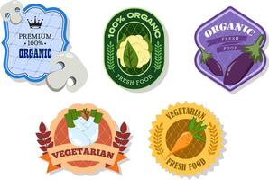 Different retro vegetables banner and labels. Packaging tags with cauliflower, carrot, fennel, eggplant, champignons. Set of seasonal vegetables labels stickers and marks template for packaging vector