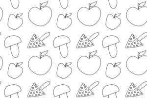 Seamless black and white doodle-style pattern featuring apples and mushrooms, perfect for coloring books or activities. vector