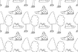 Seamless black and white pattern featuring hedgehogs carrying apples, trees, and flower bushes. Perfect for coloring books. vector