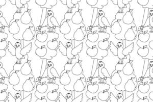 Black and white seamless coloring page featuring birds, fruit trees, apples, and pears for creative designs. vector