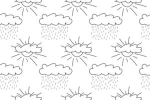 Seamless black and white pattern featuring clouds with rain and sun rays. Perfect for creative coloring book pages. vector