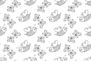 Black and white seamless pattern featuring adorable bees and butterflies in line art style, perfect for coloring books. vector