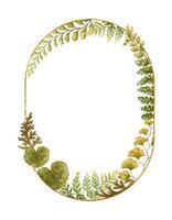 Elliptical frame with fern leaves botanical card template in earth tone. Hand drawn watercolor floral element with thin gold. Perfect for the use of ecological material and modern designs. vector