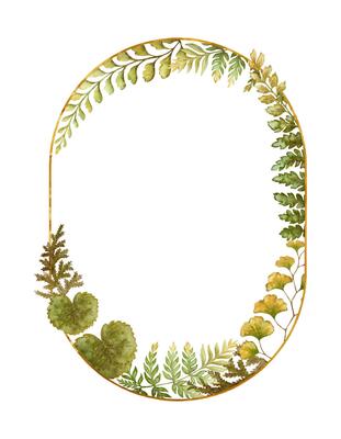 Elliptical frame with fern leaves botanical card template in earth tone. Hand drawn watercolor floral element with thin gold. Perfect for the use of ecological material and modern designs.