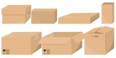 Realistic illustrations of cardboard delivery boxes in craft style, highlighting front and side views for a complete perspective. vector