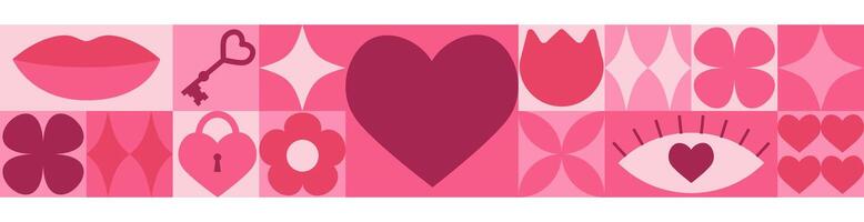 Seamless border with pink geometric shapes and elements. Template for Valentine holiday design vector