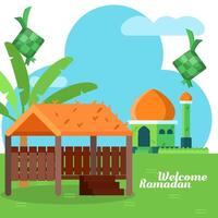 Flat illustration welcome ramadan with mosque and shack vector