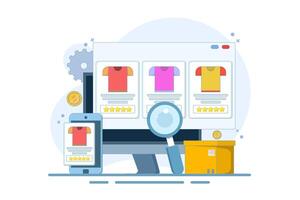 E-commerce business platform concept, e-commerce SEO strategy, online store promotion. Online shopping, e-commerce platform, digital marketing. Flat design illustration of icons on background vector