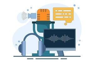 Podcast and broadcasting concept. Radio studio talking into microphone and recording audio podcast or live online interview. Flat design suitable for various purposes. Flat illustration. vector