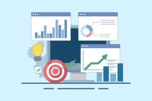 Business Chart Report on Laptop and Target Arrow. Analyst analyzing financial charts and graphs. Business Marketing Dashboard Concept. Profit optimization. Design illustration vector