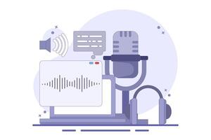 Podcast and broadcasting concept. Radio studio talking into microphone and recording audio podcast or live online interview. Flat design suitable for various purposes. vector
