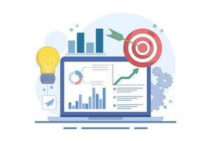 Business Chart Report on Laptop and Target Arrow. Analyst analyzing financial charts and graphs. Business Marketing Dashboard Concept. Profit optimization. vector