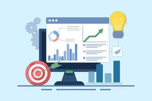 Business Chart Report on Laptop and Target Arrow. Analyst analyzing financial charts and graphs. Business Marketing Dashboard Concept. Profit optimization. Flat illustration on background vector