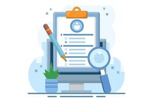 questionnaire concept. questions and answers. device with survey form using pencil Filling or answering survey or questionnaire. flat illustration on background. vector