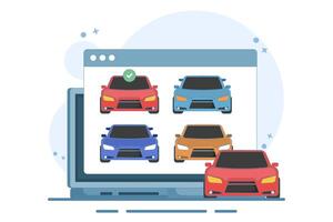 Concept of online car buying website or car rental shop comparison website via internet by choosing car on digital tablet computer, buy and sell web store. Flat illustration on background vector