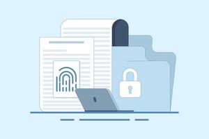 Concept of secure or private data secret file, Security protection through touch fingerprint or fingerprint on document on device, fingerprint access privacy identification. illustrations vector