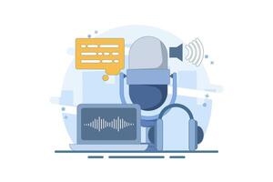 Podcast and broadcasting concept. Radio studio talking into microphone and recording audio podcast or live online interview. Flat design suitable for various purposes. Illustration. vector