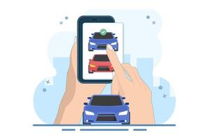 Concept of online car buying website or car rental shop comparing websites via internet by choosing car on digital tablet computer, buy and sell web store. Flat design illustration on background vector
