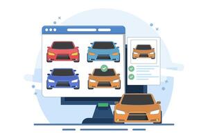 Concept of online car buying website or car rental shop comparing websites via internet by choosing car on digital tablet computer, buy and sell web store. Flat design illustration vector