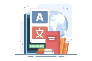 Translation concept. Online translator. Modern flat cartoon style. Online multilingual translator app concept, Using translator app on smartphone to learn languages. illustration. vector