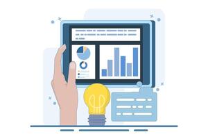 Business Graphics Report on Tablet and Bulb Idea. Business Intelligence Concept. Accurate information research, business intelligence and successful strategy planning. Flat design illustration vector