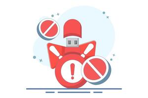 dangerous flashdisk or USB flash drive concept. flashdisk with exclamation mark. safety and security warning. be careful. icon or symbol. minimalist style design. illustration vector