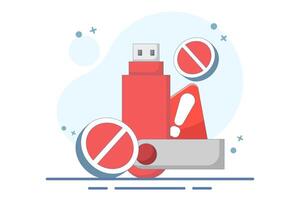 dangerous flashdisk or USB flash drive concept. flashdisk with exclamation mark. safety and security warning. be careful. icon or symbol. minimalist style design vector